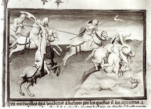 Sra. Fr 2810 O líder mongol, Hulagu, cã do Ilkhanate persegue seu primo, Berke, cã do Kipchak ou da Horda Dourada em 1262, forçando-o a entrar em um rio, de Livre des Merveilles du Monde, c.1410-
