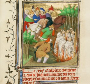 Os cavaleiros templários queimados na presença de Filipe, o Justo, e seus cortesãos, ca. 1413-1415 de Boucicaut Master,