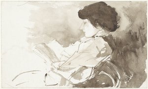 Mulher lendo, de perfil