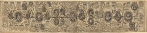 Árvore genealógica com retratos de Henrique VII, Henrique VIII, Elizabeth, James e Charles