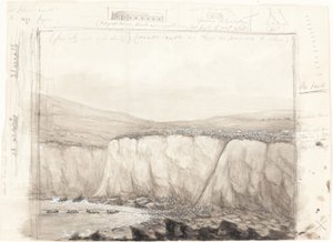 Esboço de barcos perto de um penhasco de British 19th Century