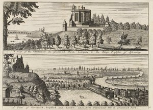 Uma vista do Observatório em Greenwich Park...[e] Uma vista de Deptford e Londres tirada de Flamsteed Hill em Greenwich Park", c.1750 (gravura) de British School