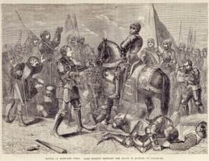 Batalha do campo de Bosworth. Lord Stanley trazendo a coroa de Ricardo III a Richmond (1485): fim da Guerra das Duas Rosas - in "Cassell