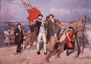Capitão James Cook desembarca na Austrália (cor litho)