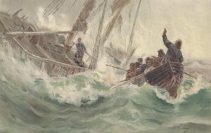 O capitão e o seu fiel cão afundam-se com um navio naufragado, enquanto a tripulação foge (cor litho) de British School