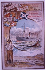 Folheto da Castle Line com a lista de passageiros do Castelo de Tantallon navegando da Cidade do Cabo para Londres em 1898 (lito colorido) de British School