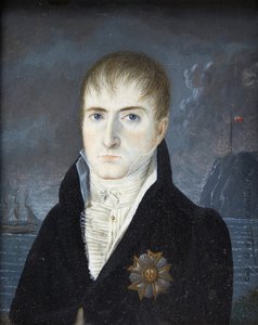 Imperador na ilha de Santa Helena - Retrato do Imperador Napoleão 1ª cabeça nua, em fato preto, vestindo a grande placa de águia da ordem da Legião de Honra - Retrato de Napoleão Bonaparte na ilha de Santa Helena pelo Capitão Dodgin (activo de British School