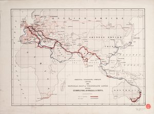 Mapa geral das linhas telegráficas entre a Europa, a Índia, a Austrália e a China de British School