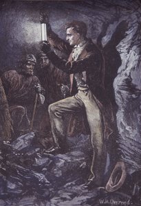 Humphry Davy com lâmpada de segurança Davy para mineiros, inventada em 1815 (gravura de madeira colorida à mão)