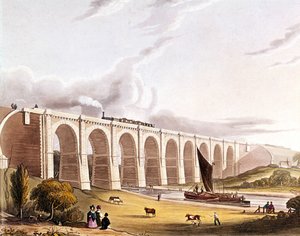 Revolução industrial: vista do viaduto ferroviário que atravessa o Vale de Sankey. Placa retirada de "Liverpool & Manchester Railway", Londres 1832. de British School