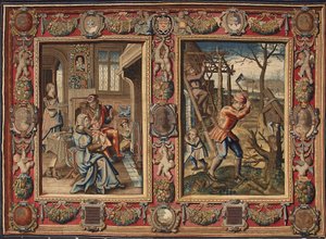 Janeiro e Fevereiro: "Um casal à lareira e um lenhador" Tapeçaria dos fabricantes de Mortlake. Genes do século XVII, Musei di Strada Nuova de British School