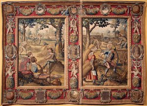 julho e agosto: "trabalhos agrícolas e colheitas" Tapeçaria das manufacturas de Mortlake. Século XVII Genes, Musei di Strada Nuova de British School