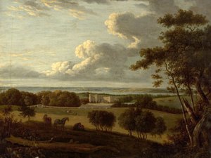 Paisagem perto da costa (vista de uma mansão com o mar ao longe) (óleo sobre tela) de British School