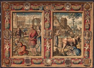 março e abril: "trabalhos agrícolas e ordenha de vacas" Tapeçaria das manufacturas de Mortlake. Século XVII Genes, Musei di Strada Nuova de British School