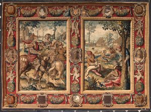 Mês de maio e junho: "caça e ceifa de ovelhas" Tapeçaria das manufacturas de Mortlake. Século XVII Genes, Musei di Strada Nuova de British School