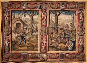 Novembro e Dezembro: "trabalho agrícola e abate de suínos" Tapeçaria dos fabricantes de Mortlake. Genes do século XVII, Musei di Strada Nuova de British School