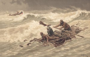 Marinheiros agarram-se aos destroços no mar (cor litho) de British School