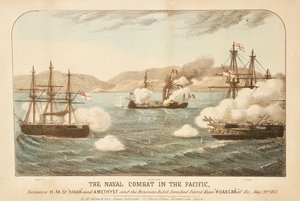 O combate naval no Pacífico, entre os HMS "Shah" e "Amethyst" e o Rebelde peruano, Ironclad Turret Ram Huascar ao largo de Ilo, 29 de maio de 1877 de British School