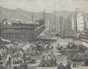 Navios no porto movimentado, Xangai, China (gravura) de British School
