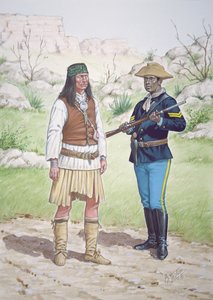 Um guerreiro apache Chiricahua e um cabo do 10º Regimento de Cavalaria dos EUA em 1886, de um conjunto de seis quadros