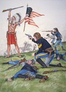 Um guerreiro Sioux contra o 7º Regimento de Cavalaria dos EUA na Batalha de Little Bighorn, 25 de junho de 1876, de um conjunto de seis quadros