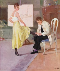 Artista a admirar o pé da sua modelo (litografia a cores)
