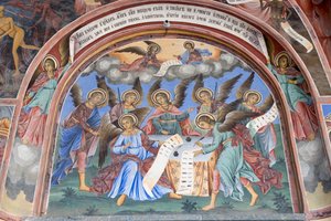 Bulgária, Mosteiro de Rila, fresco de anjo na igreja da Natividade da Virgem de Bulgarian School