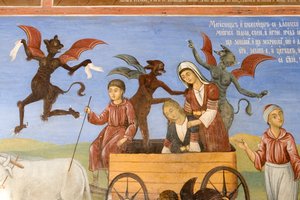 Bulgária, Mosteiro de Rila, fresco na igreja da Natividade da Virgem de Bulgarian School