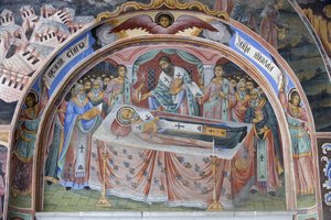 Bulgária, Montanhas de Rila, Mosteiro de Rila, pormenor do fresco na Igreja da Natividade da Virgem