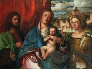 A Virgem e o Menino com os Santos João Batista, Catarina de Alexandria e o Doador, Início do 16º cen. de Buonconsiglio