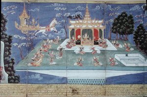 Ma 565 O rei Nimi em sua divina carruagem enviada por Indra e liderada pelo anjo Matali, visita os céus e encontra mulheres de incomparável beleza, do Nimi Jataka, 1869 de Burmese School