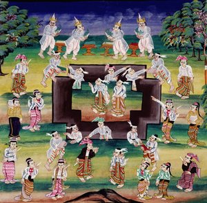 Mérito fazendo cena, página de um manuscrito de Burmese School