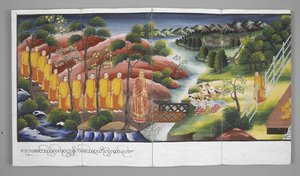 Ou. 13534, f.23 Monges que atravessam um rio, Cenas da Vida de Buda (pergaminho) de Burmese School