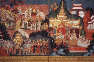 Ou 14297 fol.6-7 The Birth of the Future Buddha, c.1800-20 (gouache em papel) de Burmese School