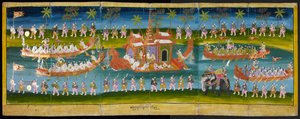Imagem parabaica, mostrando festa real na água, procissão de barcaças reais, Or 16761, f. 35r (livro dobrável em papel) de Burmese School