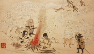 Caça ao veado Sika. Da série Os Ainu, Segunda Metade do Século XIX.. de Byozan Hirasawa