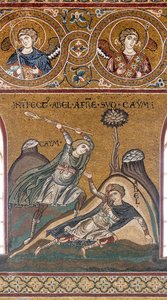 Abel é morto por Caim, mosaico bizantino, Ciclo do Antigo Testamento-Paraíso terrestre, século XII-XIII (mosaico) de Byzantine