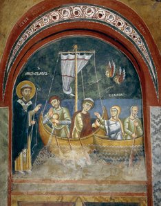 Aparição de São Nicolau aos náufragos, Detalhe das Histórias de vida de São Nicolau, Afrescos românicos em estilo bizantino, finais do século XI, Capela de São Eldrado e São Nicolau, Abadia de Novalesa, Piemonte, Itália de Byzantine