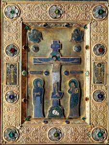 Arte Bizantina: Evangélico de ouro e esmalte decorado com folhas de ouro repele com crucifixo em filigrana representando a Virgem e São João. Século XII-XII Veneza tesoro de São Marco (tresor de São Marcos) de Byzantine