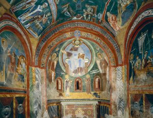 Capela de São Eldrado e São Nicolau com frescos românicos em estilo bizantino, final do século XI, Abadia de Novalesa, Piemonte, Itália de Byzantine
