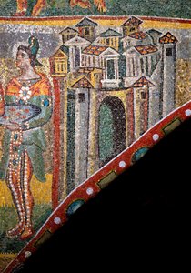 Arte Cristã: "Adoração dos Magos". Detalhe da paisagem. Mosaico do século V. Arco Triunfal, Basílica de Santa Maria Maggiore (Santa Maria Maior), Roma. de Byzantine