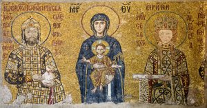 Mosaico de Comnenus que descreve Madonna e criança, Hagia Sophia, Turquia. (Mosaico)