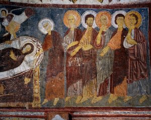 Dormition of Virgin among Apostles, Detail, Byzantine fresco (século XIII), Gulsehir Karsi Kilise (Igreja de São João), Goreme (Lista do Património Mundial da Unesco) de Byzantine
