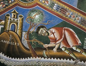 Eldrad terra de cultivo em Ambilly, Provença, Detalhe de Histórias de vida de São Eldrad, frescos românicos em estilo bizantino, finais do século XI, Capela de São Eldrad e São Nicolau, Abadia de Novalesa, Piemonte, Itália. de Byzantine