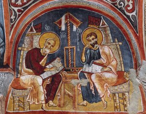 Evangelistas Lucas e Mateus escrevendo Evangelhos, Karanlik Kilise (Igreja das Trevas) (século 12-13), Goreme (Lista do Patrimônio Mundial da Unesco) de Byzantine