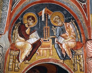 Evangelistas Mark e John escrevendo Evangelhos, Karanlik Kilise (Igreja das Trevas) (século 12-13), Goreme (Lista do Património Mundial da Unesco) de Byzantine