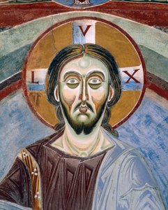 Rosto de Cristo Pantocrator, Detalhe dos afrescos românicos em estilo bizantino, Final do século XI, Capela de São Eldrado e São Nicolau, Abadia de Novalesa, Piemonte, Itália de Byzantine