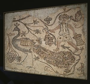 Painel de mosaico de piso: Harvester com pavão, 400s de Byzantine