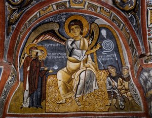 Mulheres santas no túmulo e aparecimento do Anjo, afresco bizantino (século XII), Karanlik Kilise (Igreja das Trevas) (século XII-13), Goreme (Lista do Património Mundial da Unesco) de Byzantine