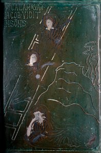 Jacob vê em sonho os anjos subindo e descendo a escala da porta de bronze feita em Constantinopla em 1076. Monte Sant 